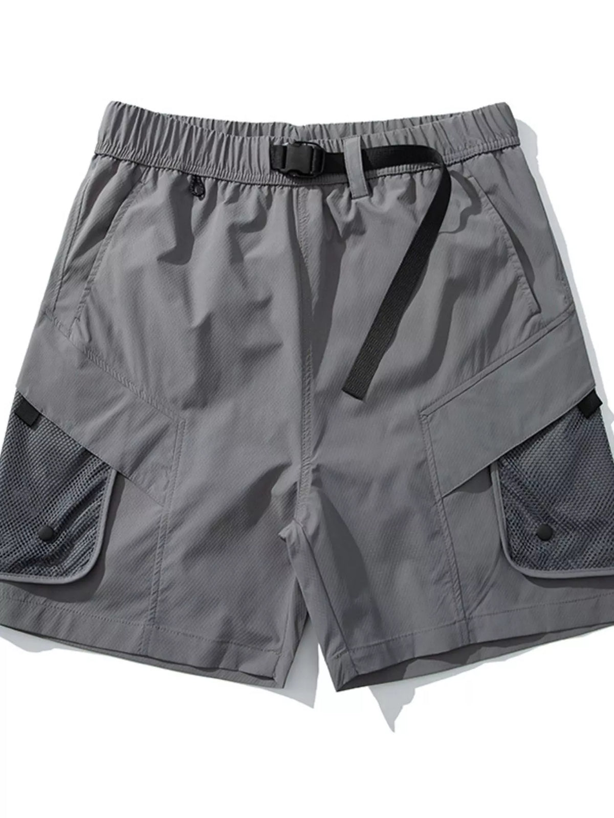 Rock gray quick-dry cargo shorts, elastic waistband, drawstring tie, and two flap pockets
