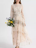 Cedar & Moore Floral Tulle Layered Maxi Dress in blush pink with lace embroidery and mesh details