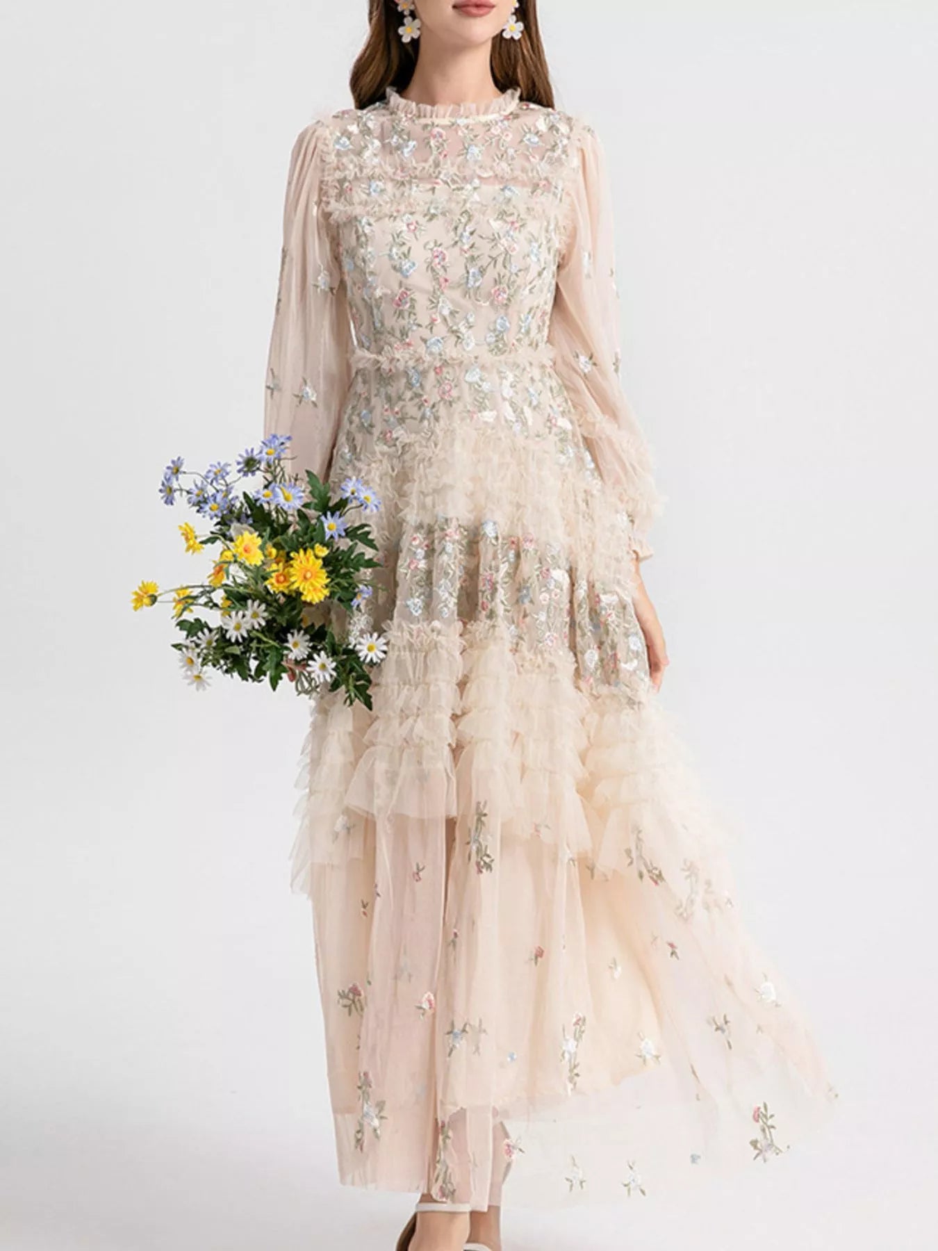 Cedar & Moore Floral Tulle Layered Maxi Dress in blush pink with lace embroidery and mesh details