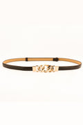 Skinny vegan leather belt with gold chain-link buckle, dark and tan strap