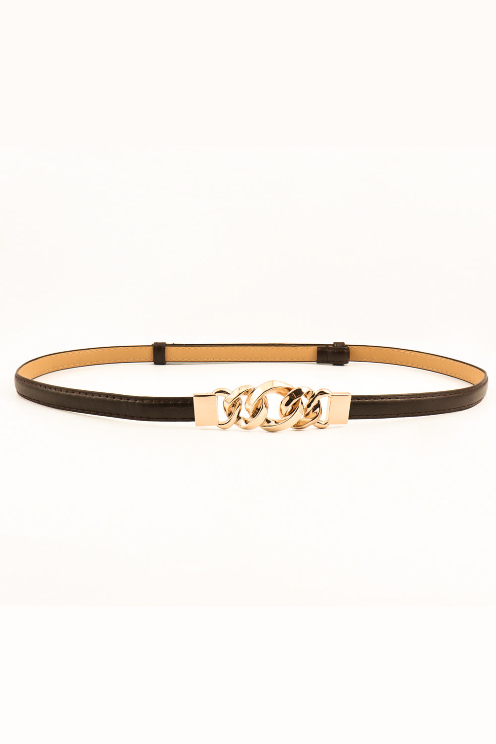 Skinny vegan leather belt with gold chain-link buckle, dark and tan strap