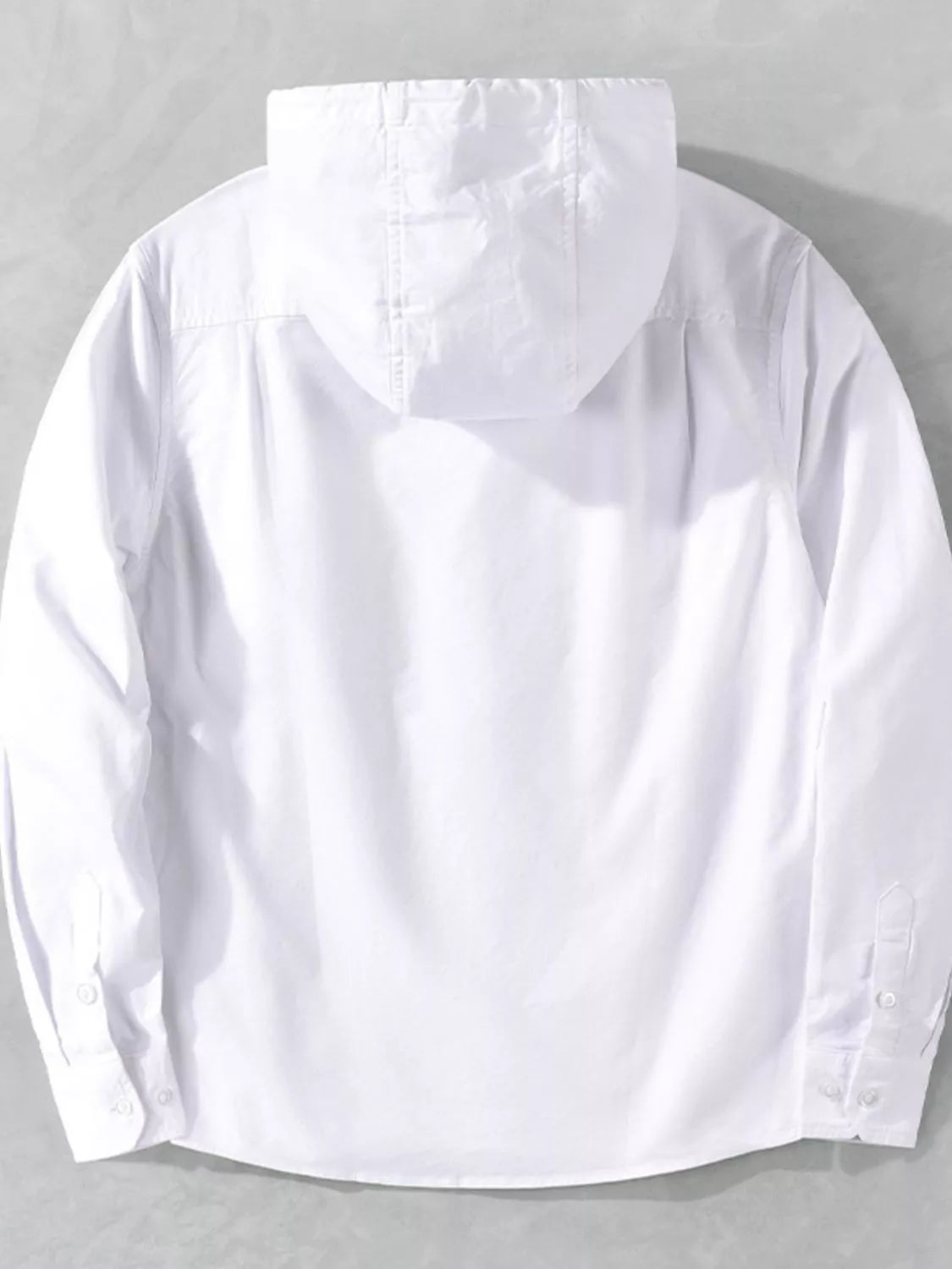 White hooded shacket with front button placket and chest pocket