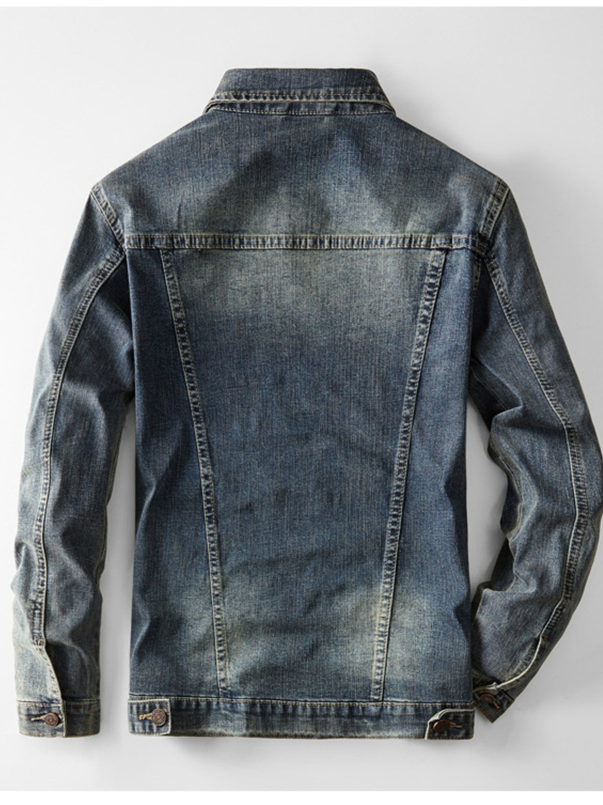 Men's dark wash denim jacket back view with yoke and buttoned placket