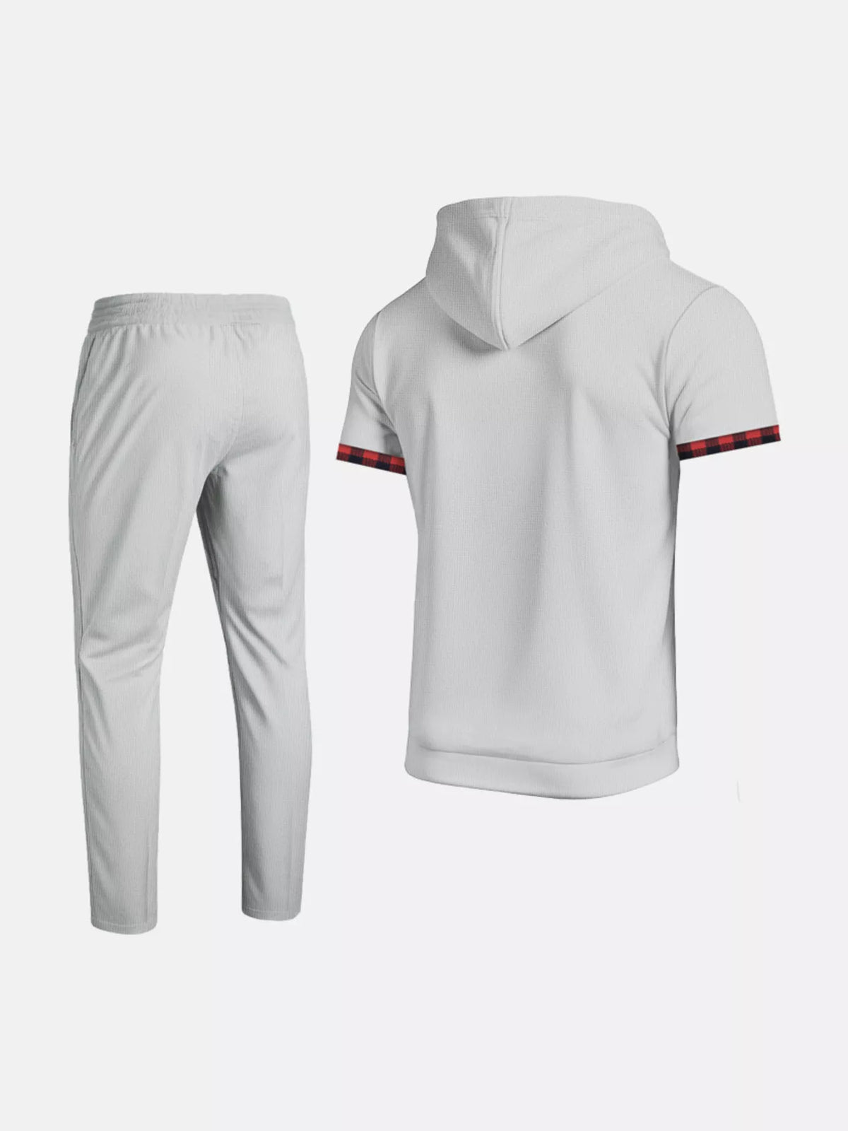 Men's short-sleeve hoodie and jogger set, light gray with hood and striped sleeve bands
