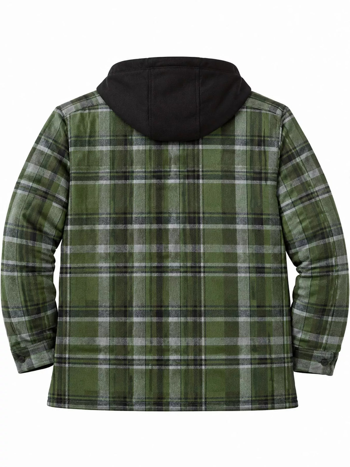 Men's green plaid hooded quilted jacket back view with black hood and quilted trim