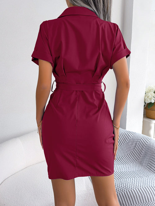 Burgundy ruched tie-belt button-down dress, back view with short sleeves and button detail