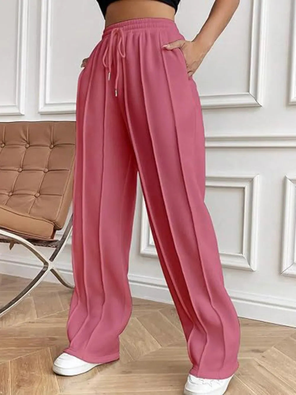 Deep rose wide-leg drawstring pants with pockets, back view
