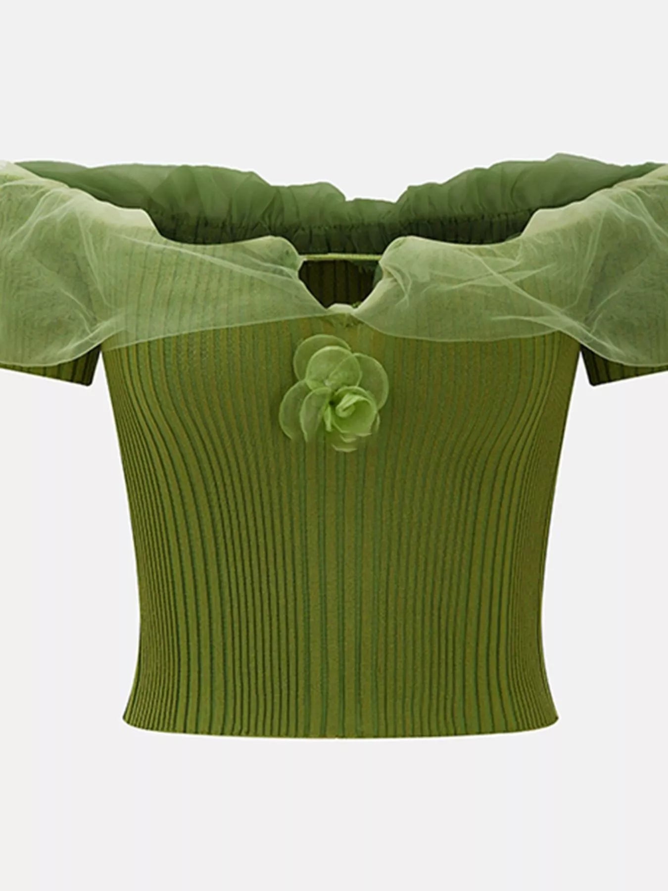 Cedar & Moore ribbed knit off-shoulder top with green ruffle trim