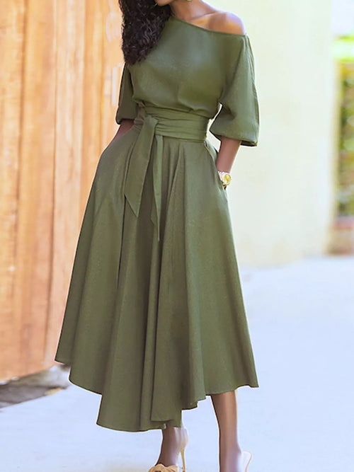 Boat neck tie-waist dress, matcha green, boat neckline, tied waist belt, flared midi skirt