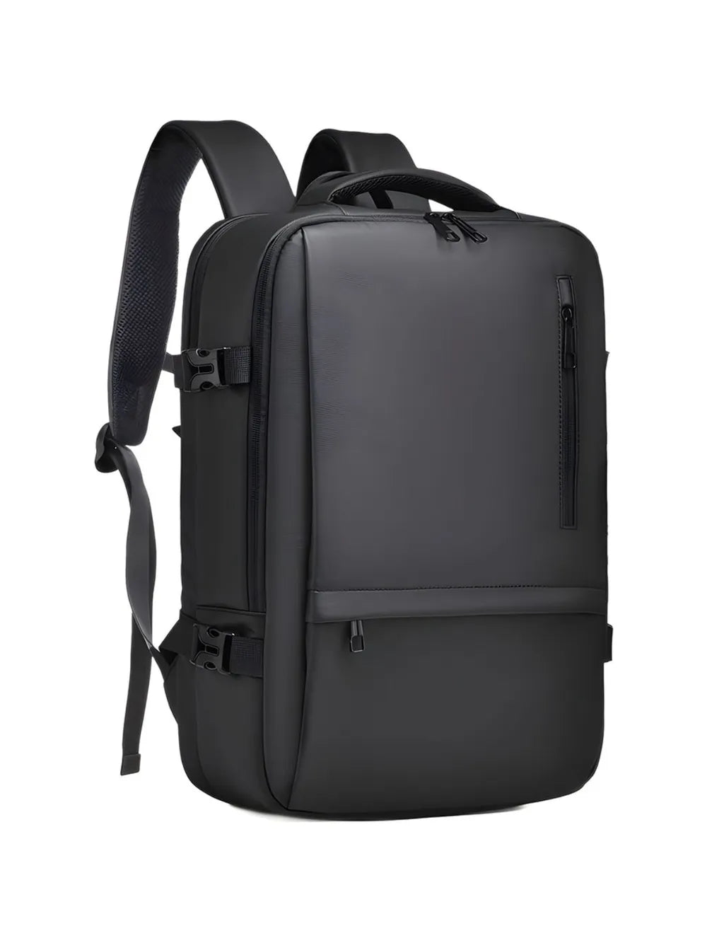 Dark gray backpack with padded shoulder straps and front zipper pocket