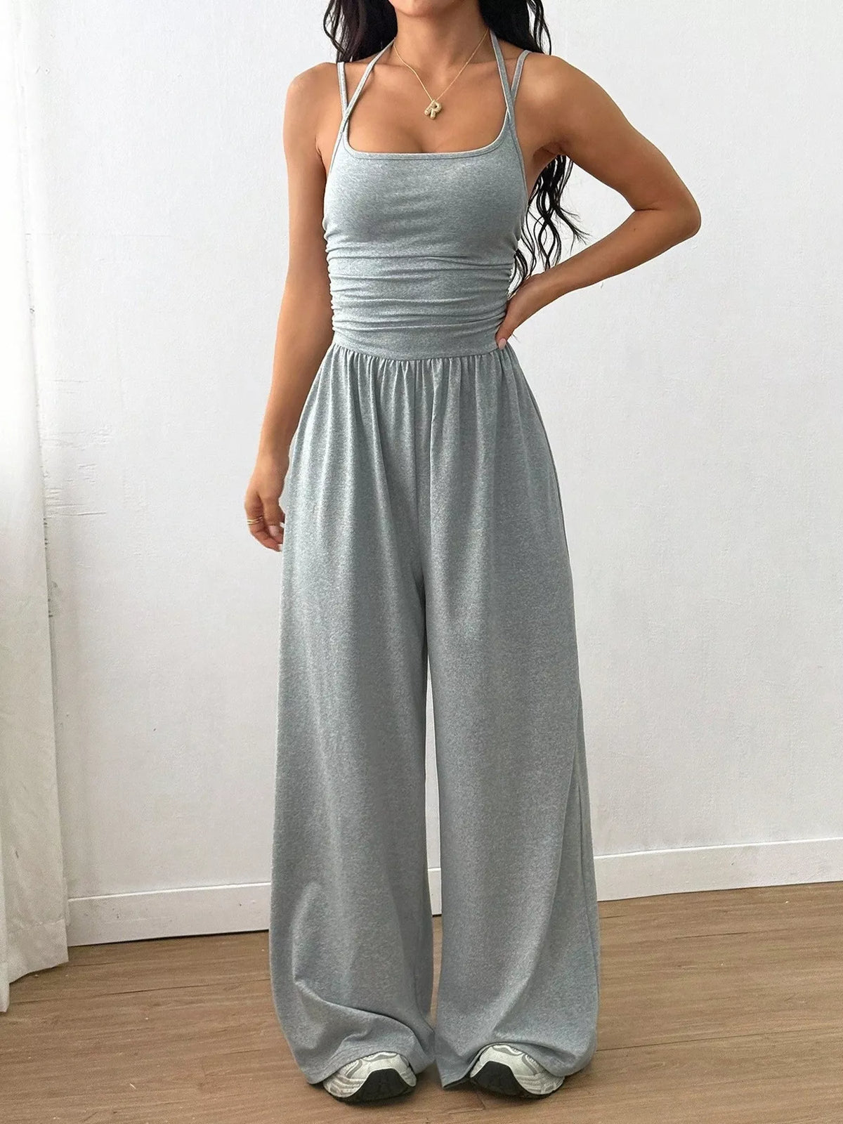 Ruched spaghetti-strap wide-leg jumpsuit, light grey sleeveless bodice and wide pant legs