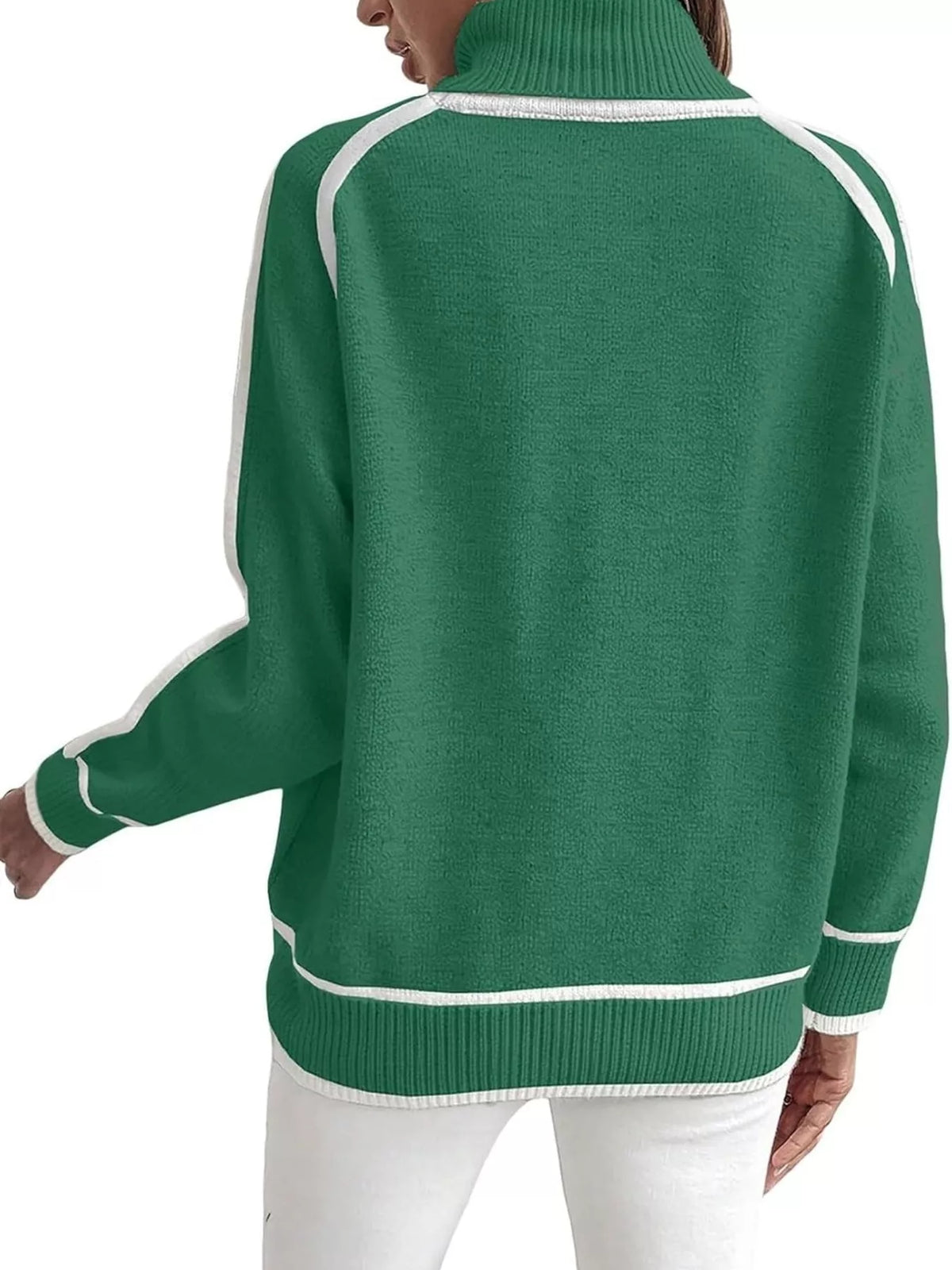 Green turtleneck sweater with contrast ribbed hem, cuffs, and long sleeves