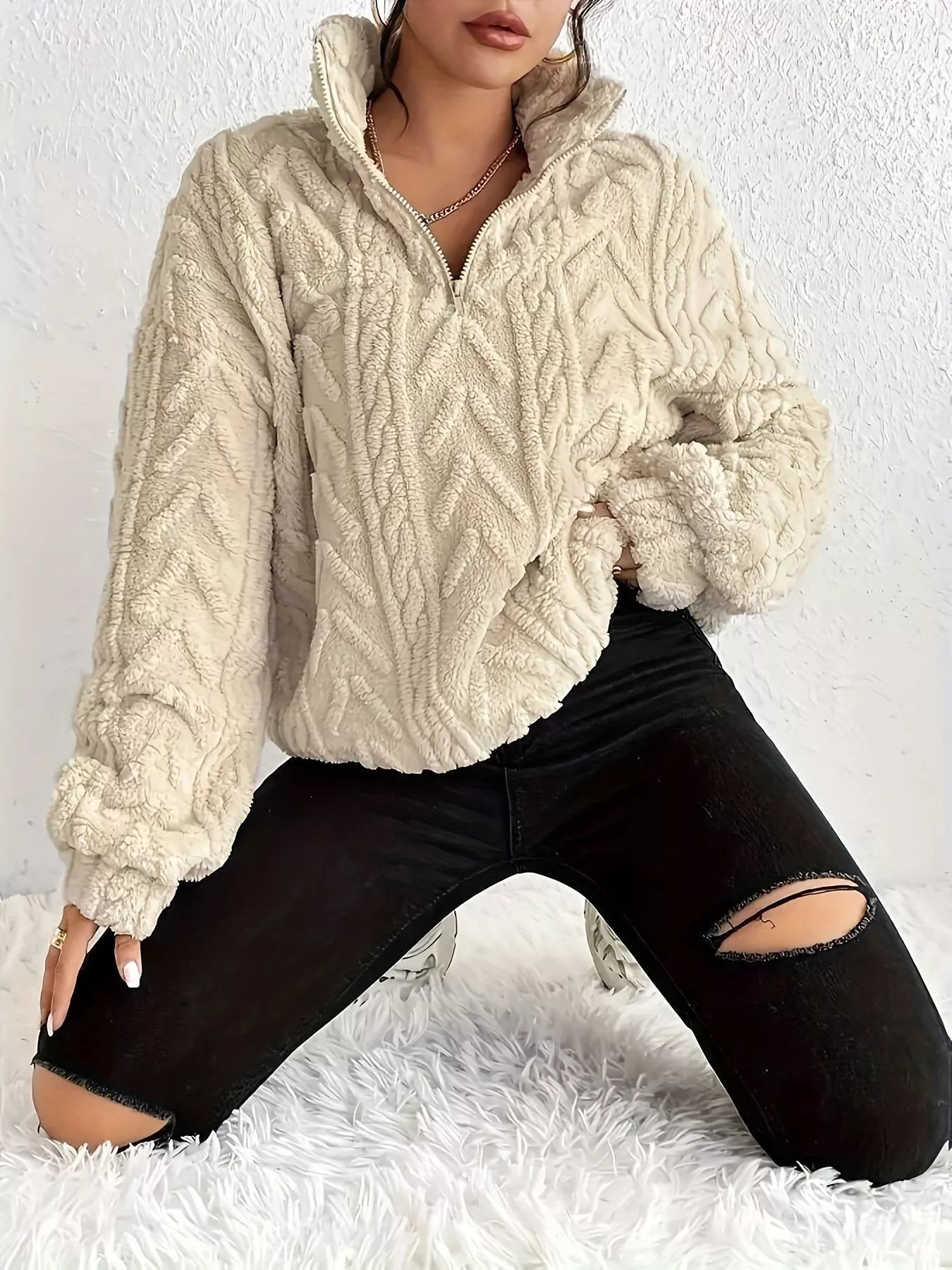 Sherpa quarter-zip sweatshirt, off-white cable knit texture, relaxed fit