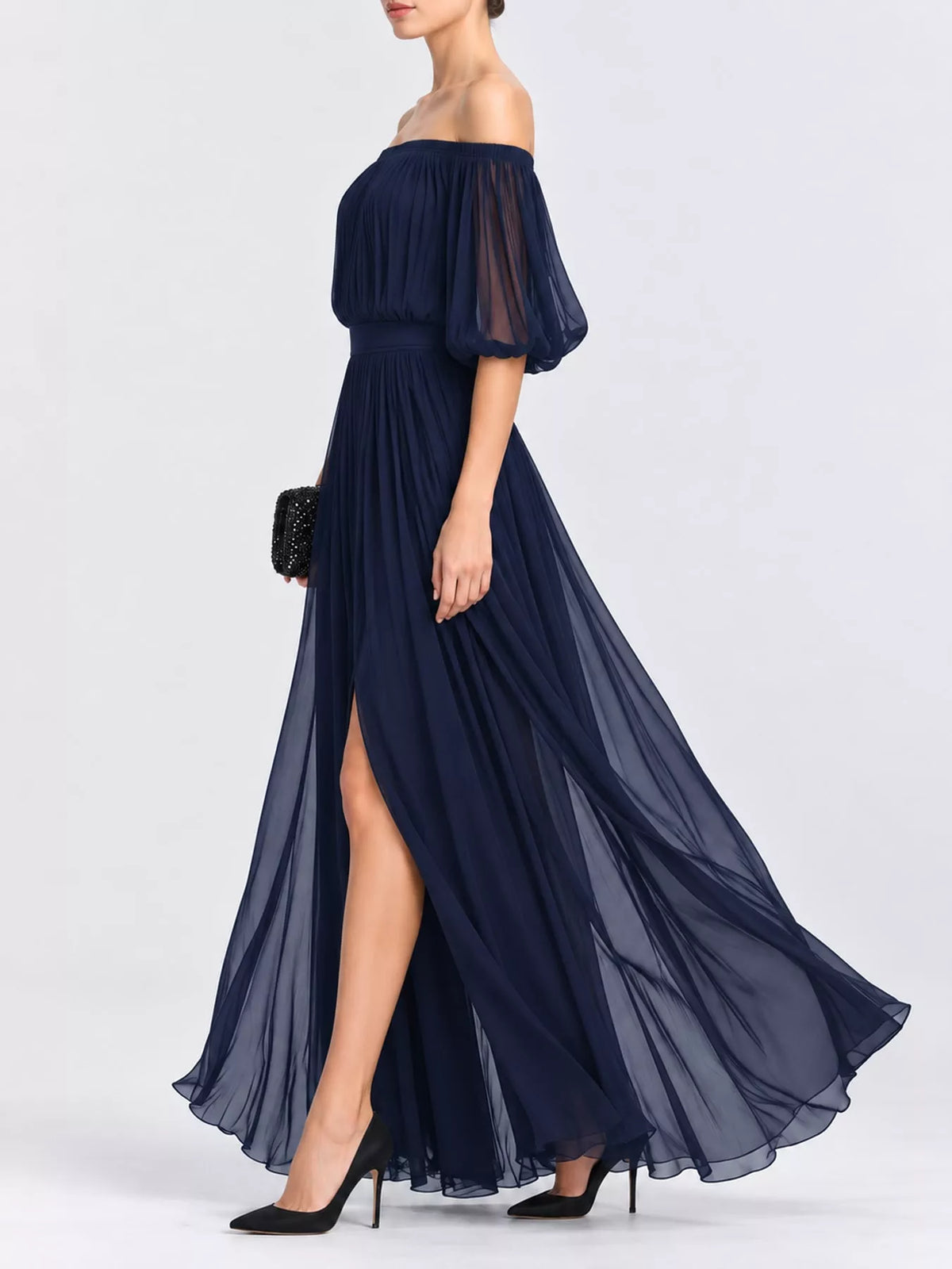 Navy off-shoulder chiffon maxi dress with ruched bodice, puff sleeves, and side slit