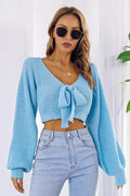 Pastel blue knit bow V-neck cropped sweater with long sleeves