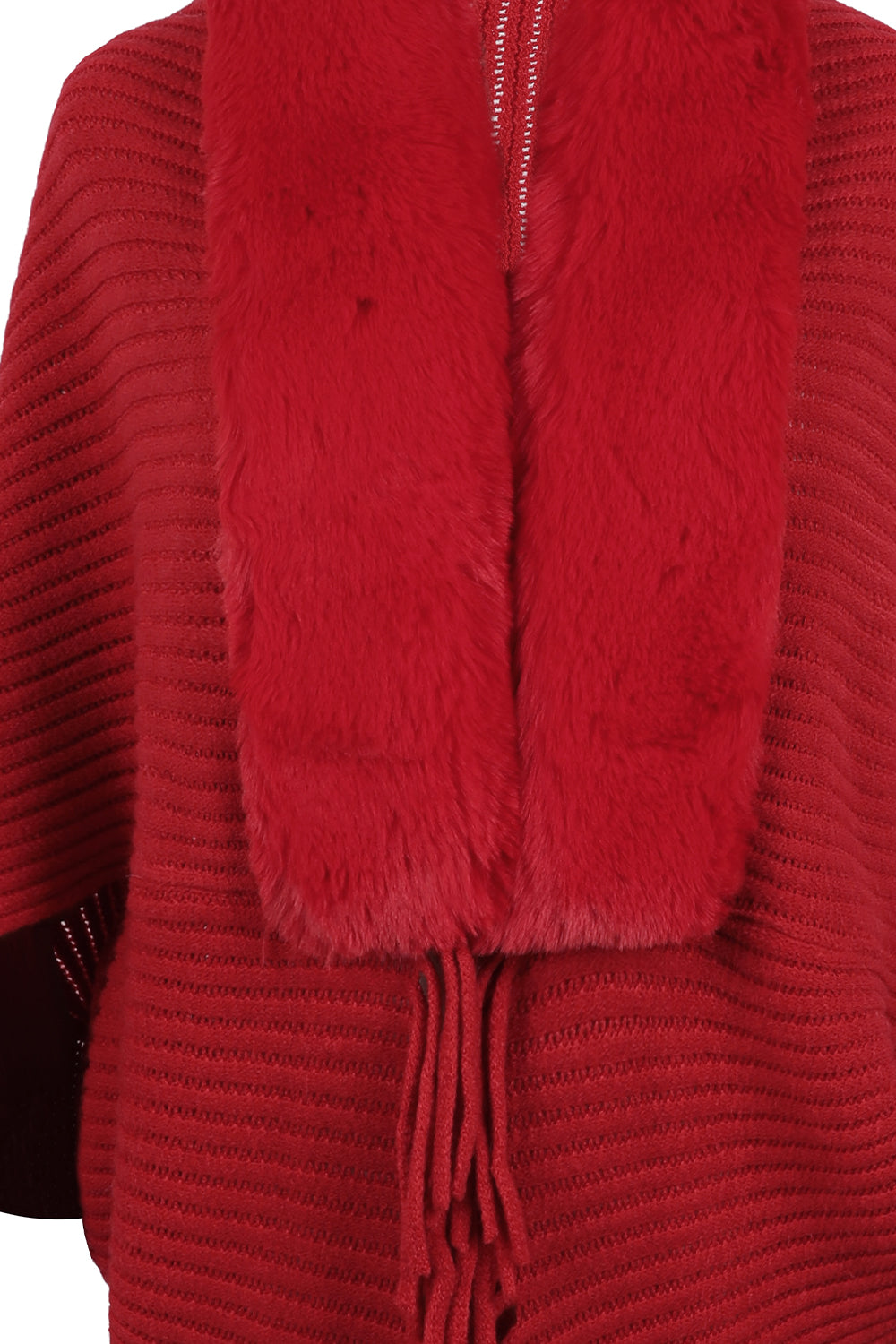 Long-sleeve ribbed poncho with fringe trim, red, full front view