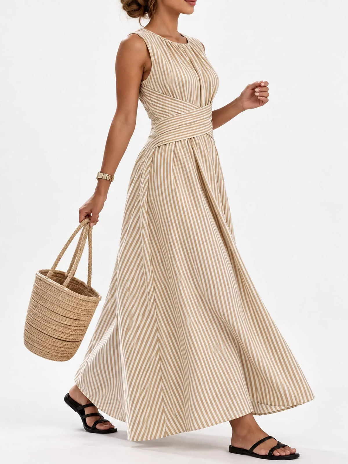 Beige striped sleeveless maxi dress with ruched crisscross waist and pleated skirt