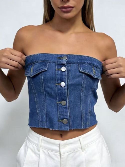 Blue strapless denim tube top with front buttons and two chest patch pockets