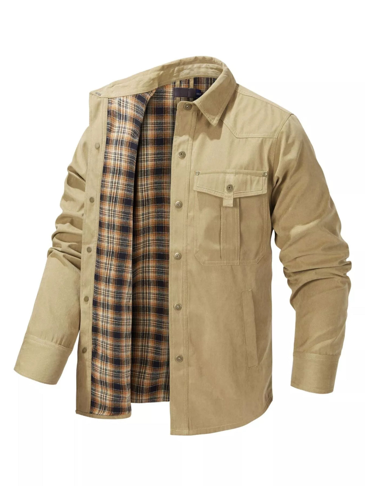 Men's snap-front long-sleeve jacket with tan solid front and plaid lining panels