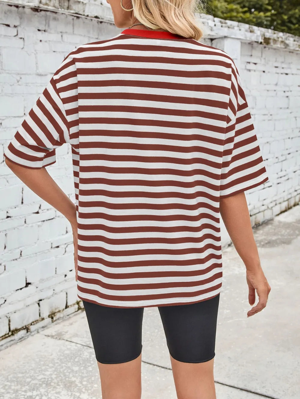Brown and white striped round-neck short-sleeve T-shirt, back view