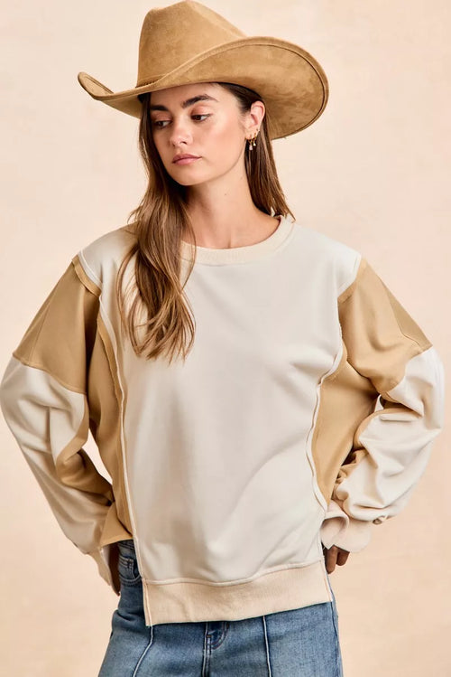 Color block french terry top, ivory front with sand sleeves, crew neck