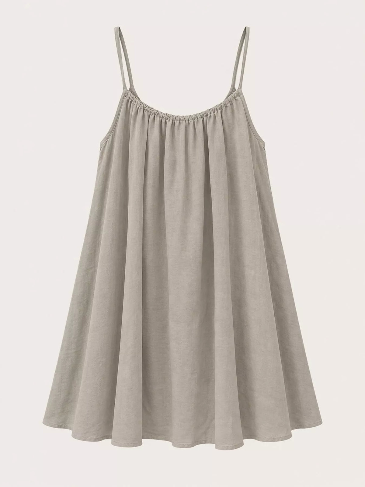 Gray backless spaghetti strap ruched mini dress with gathered neckline and pleated skirt