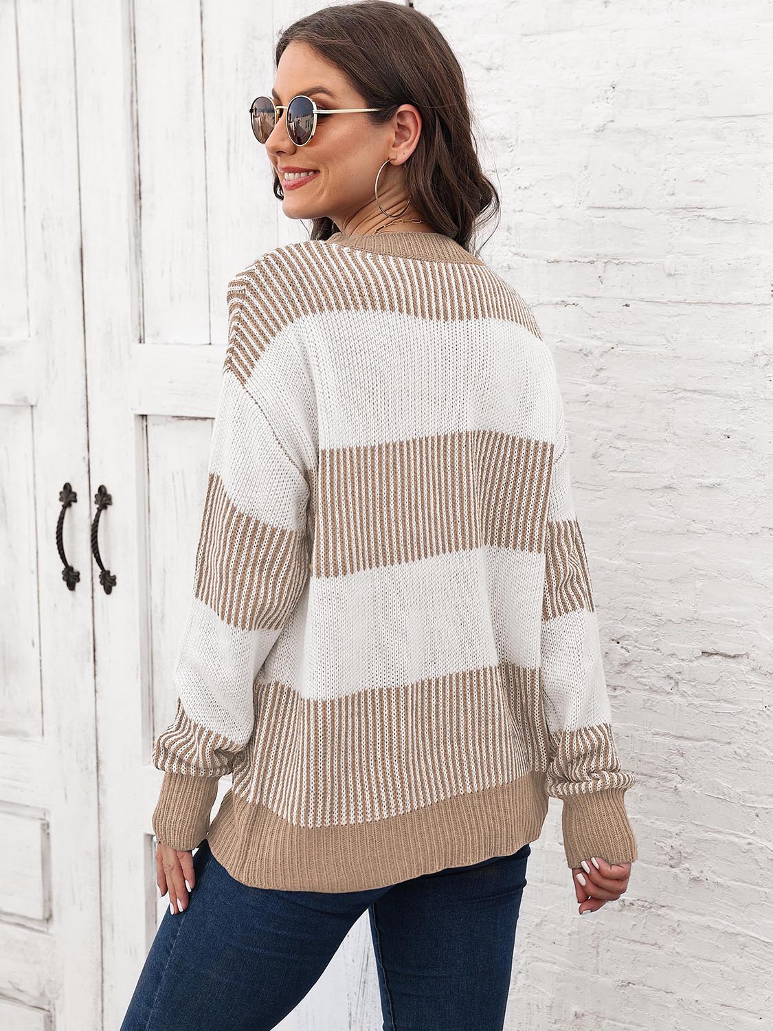 Striped knit drop-shoulder sweater with round neck, cream and tan back horizontal bands