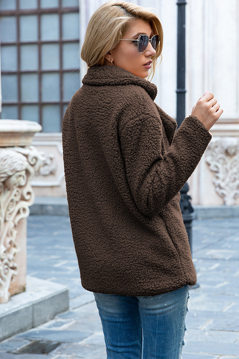Sherpa lapel collar coat in mocha brown, open back view, long sleeves