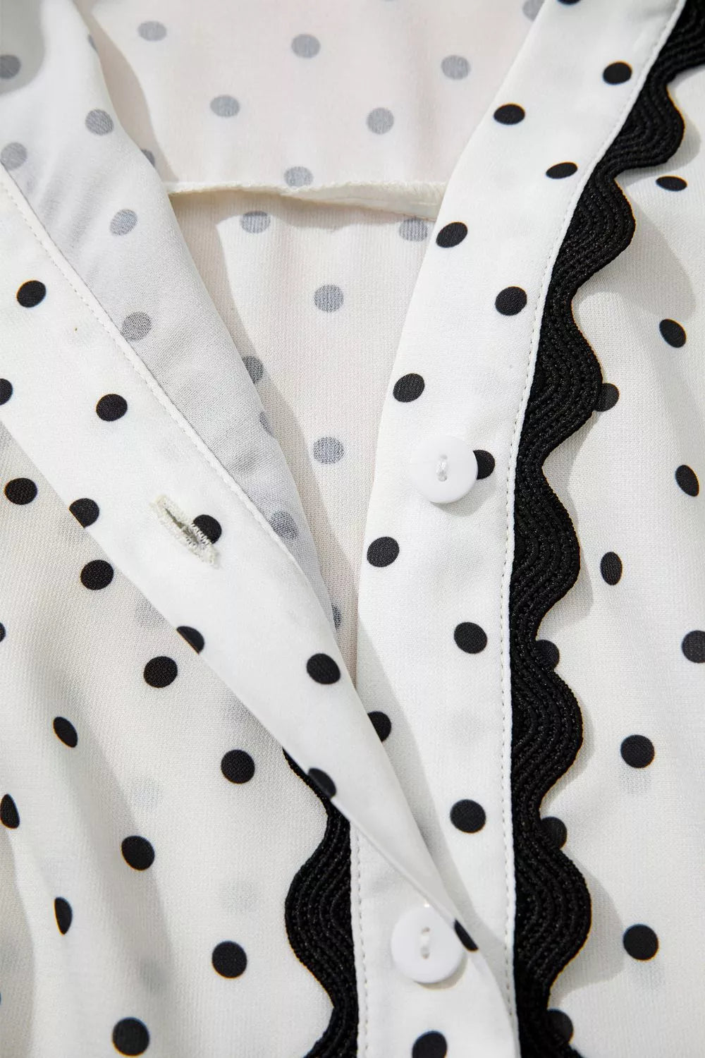 Cedar & Moore Polka Dot Half Sleeve Midi Dress in white with black dots, buttoned placket.