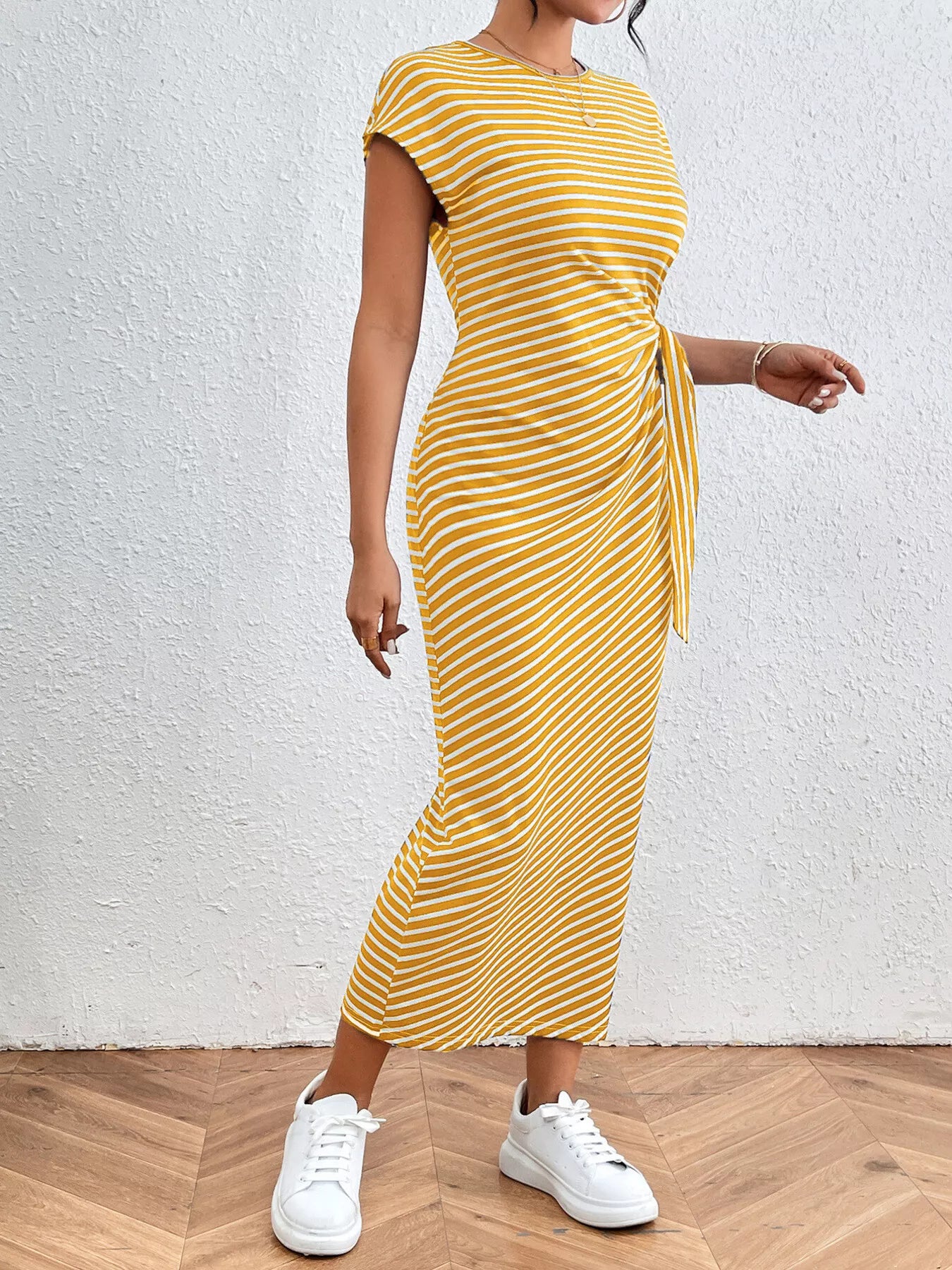 Yellow-and-white striped tie-waist midi dress with cap sleeves and front slit