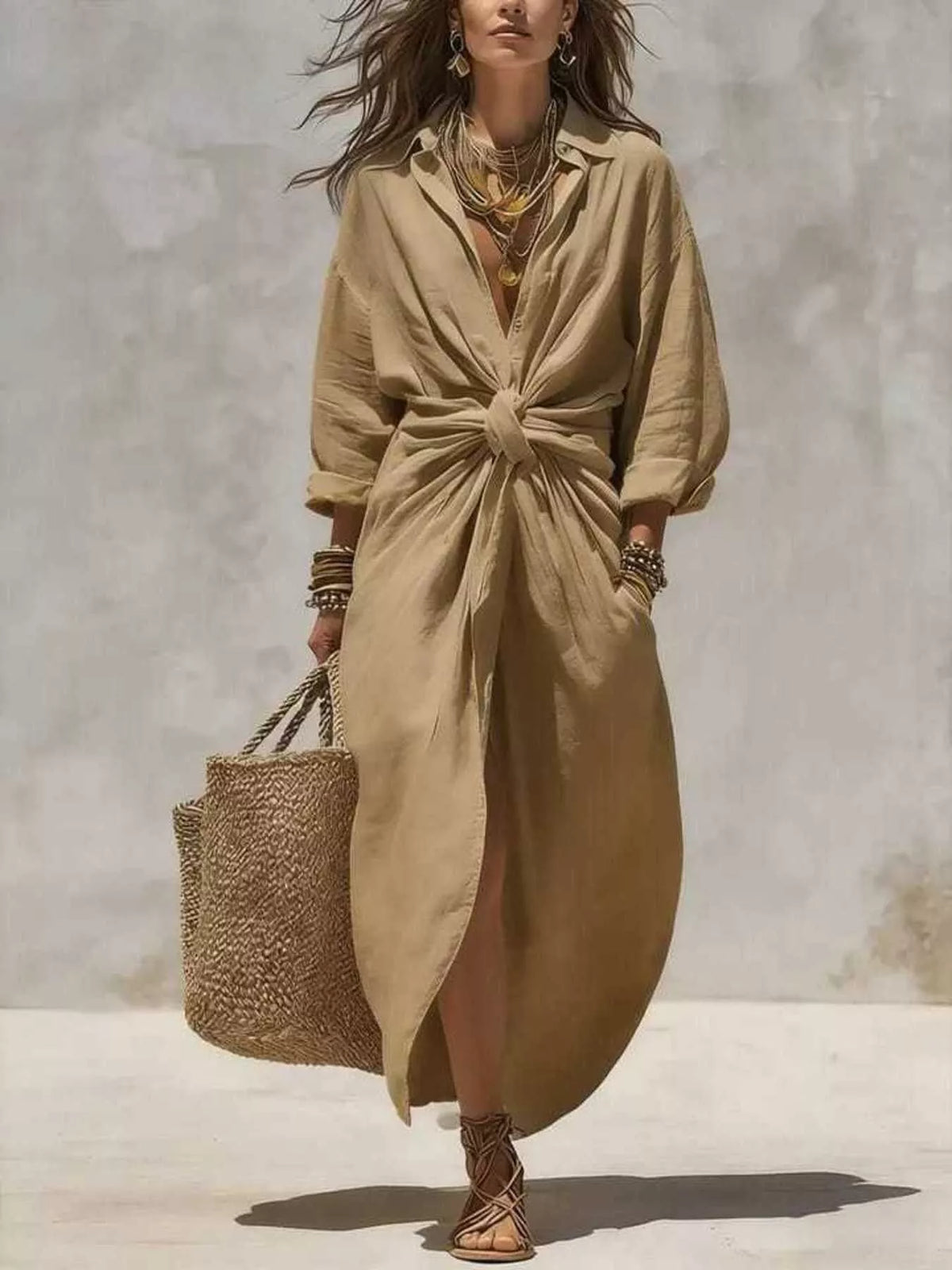 Camel tie-front maxi shirt dress with long sleeves and V-neck