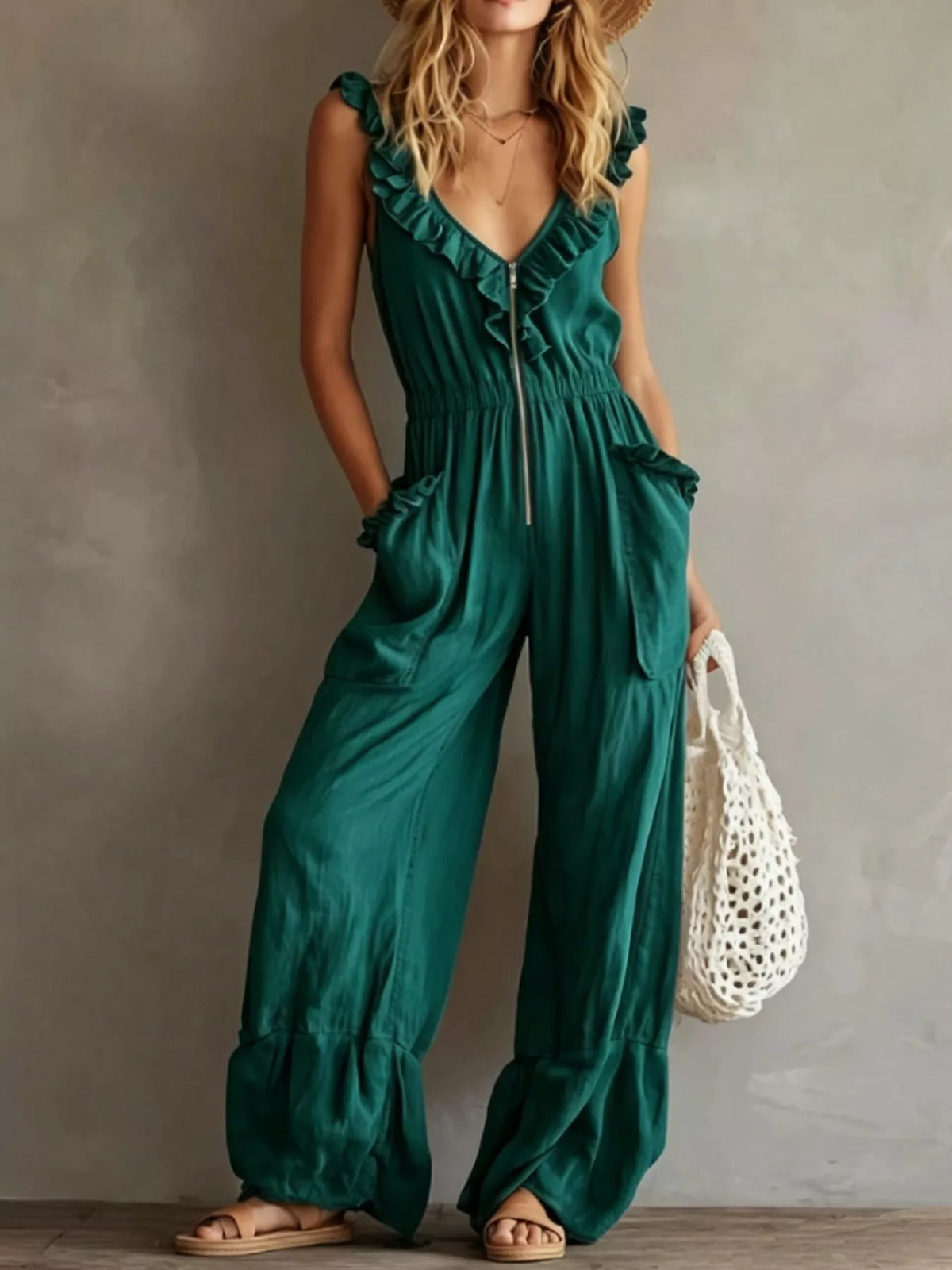 Dark green ruffled V-neck sleeveless jumpsuit with tie front and roomy wide legs