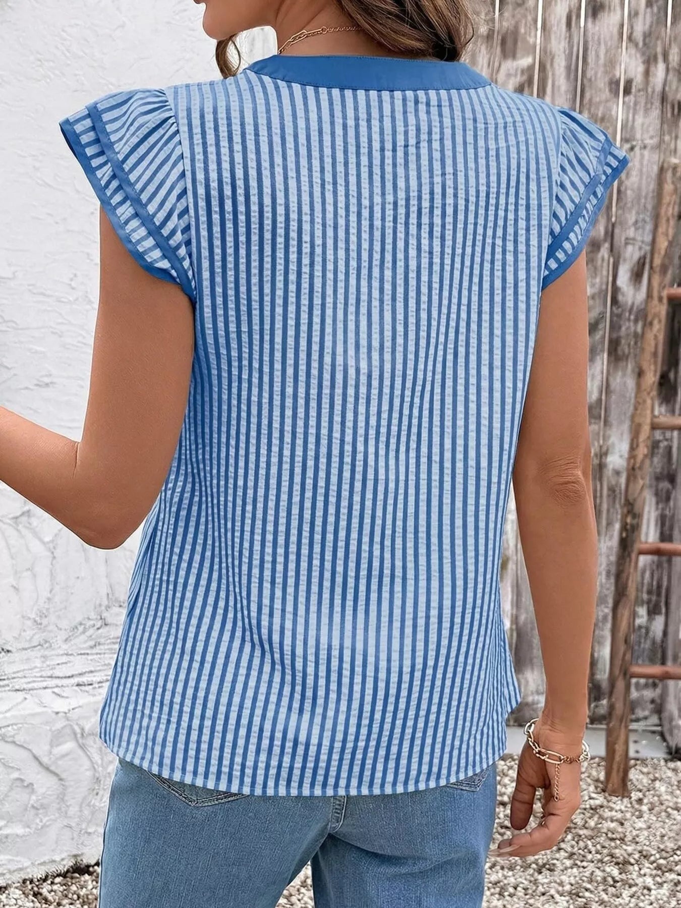 Striped Ruffle Sleeve Blouse in blue-and-white stripes
