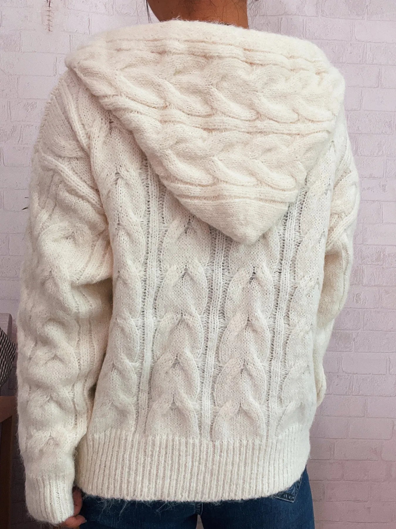 White cable knit hooded zip-up cardigan, knit cable hood and back texture