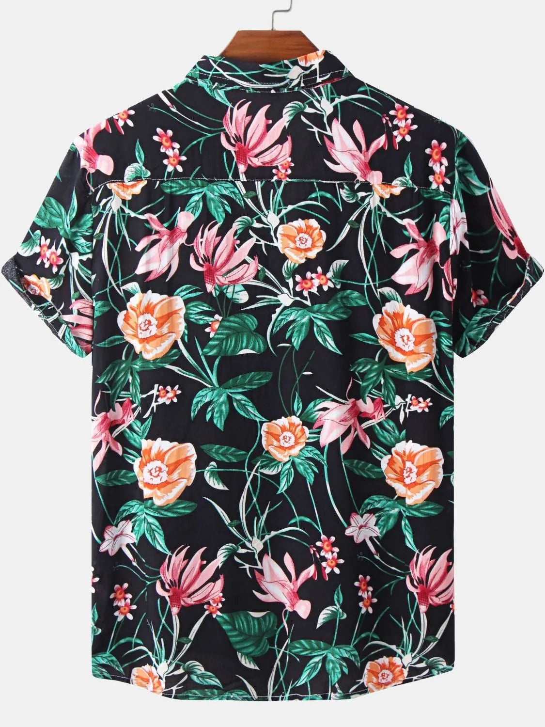 Men's black floral Hawaiian short sleeve shirt, back view with camp collar