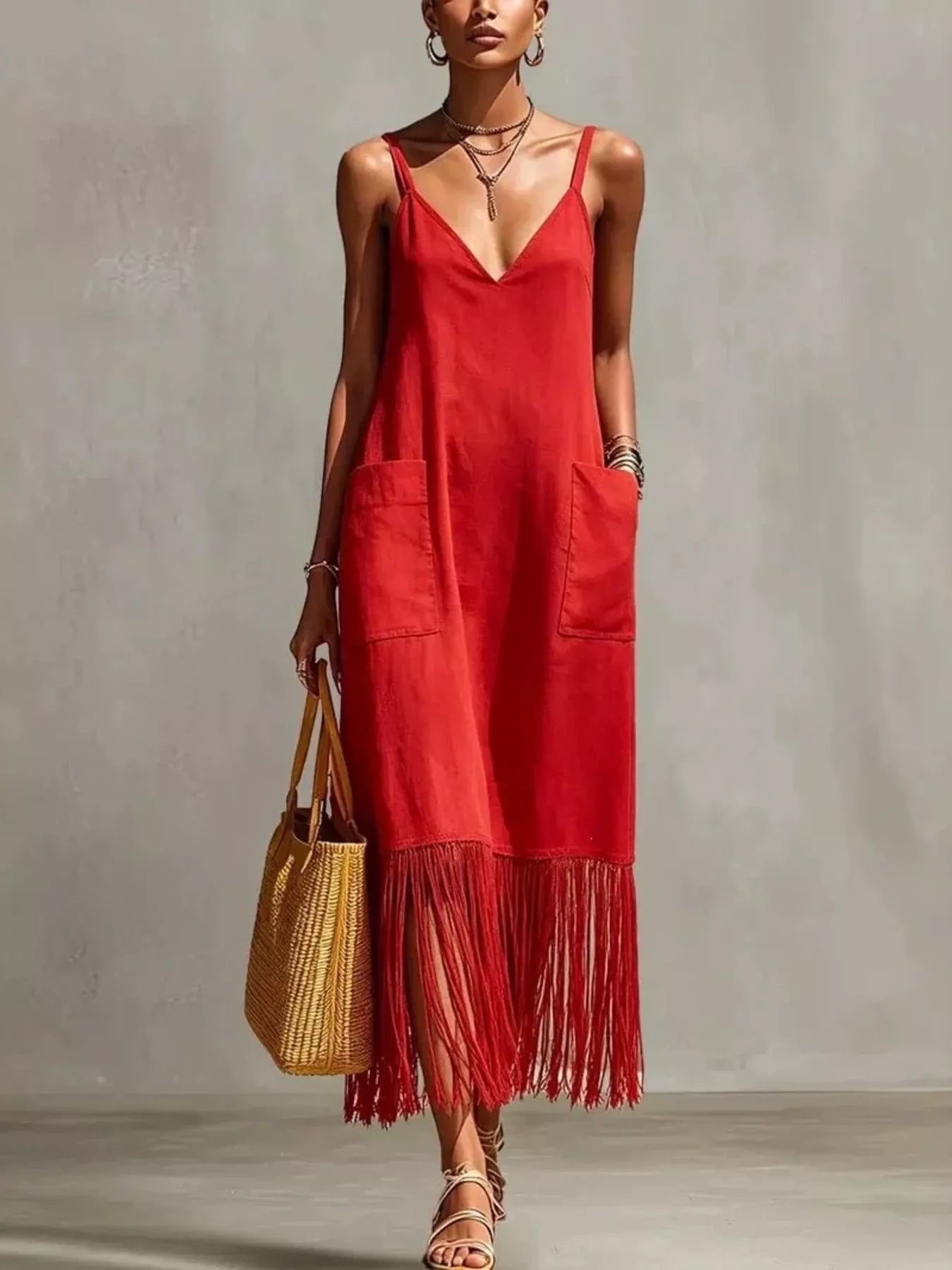 Red V-neck spaghetti strap fringe dress with two chest pockets