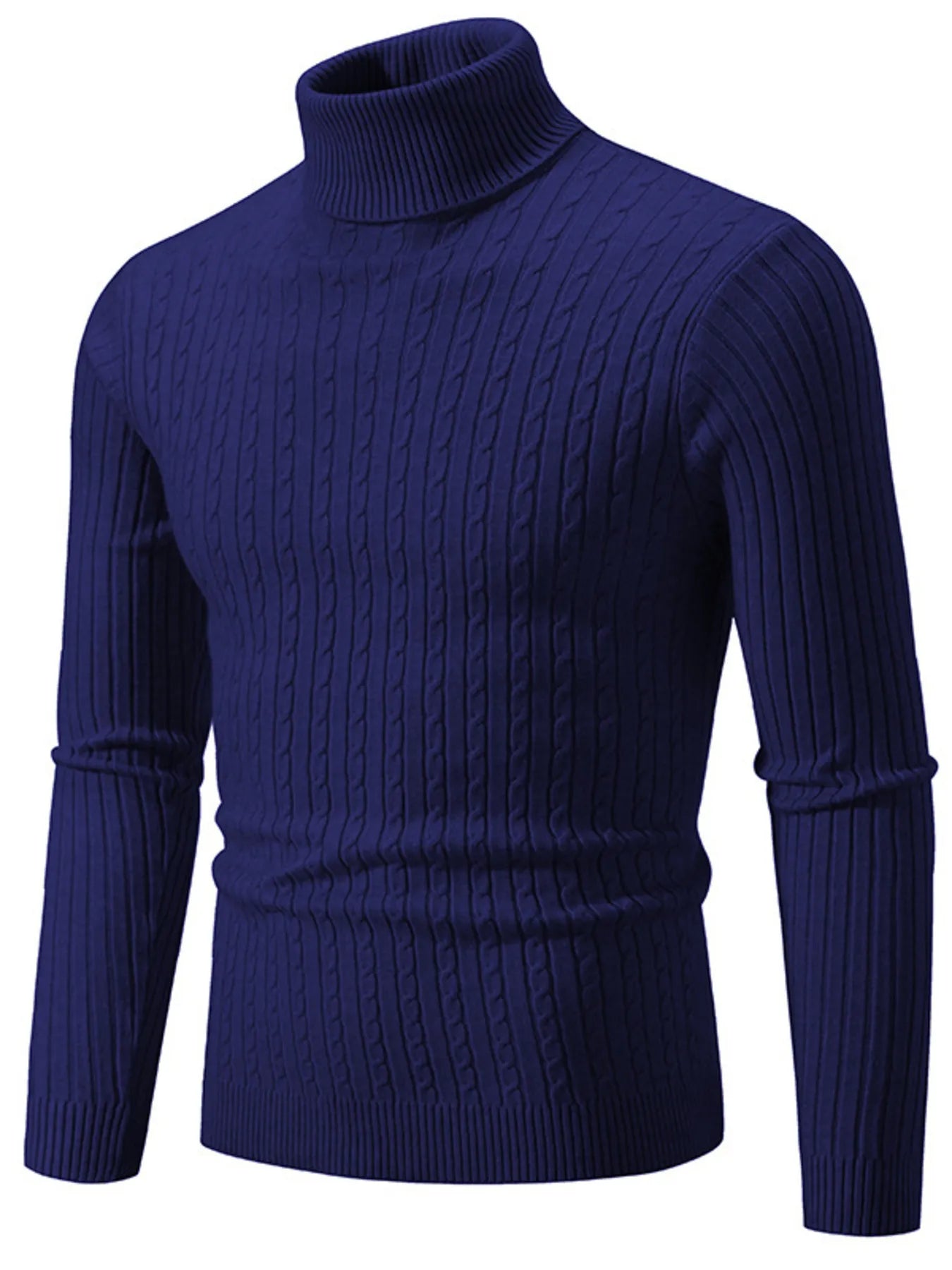 Men's plus size ribbed turtleneck sweater in navy blue, long sleeves, ribbed knit texture.