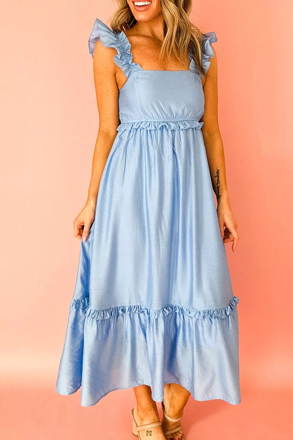 Cedar & Moore solid light blue ruffle-trim high-waist sleeveless maxi dress.
