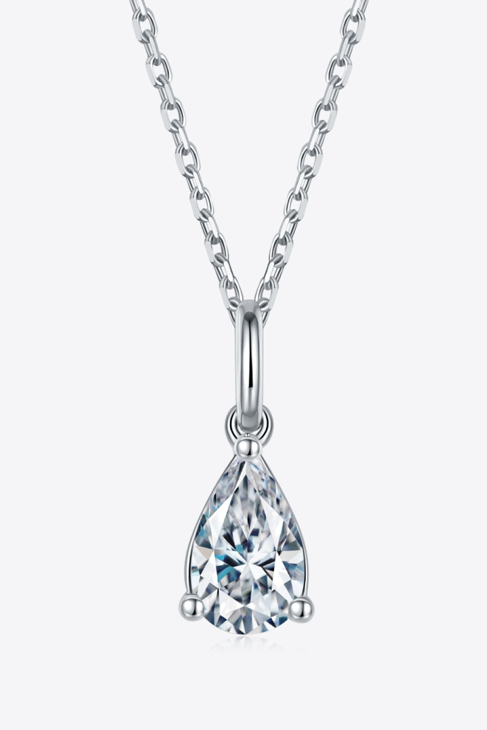 Sterling silver necklace with teardrop moissanite pendant on a smooth link chain
