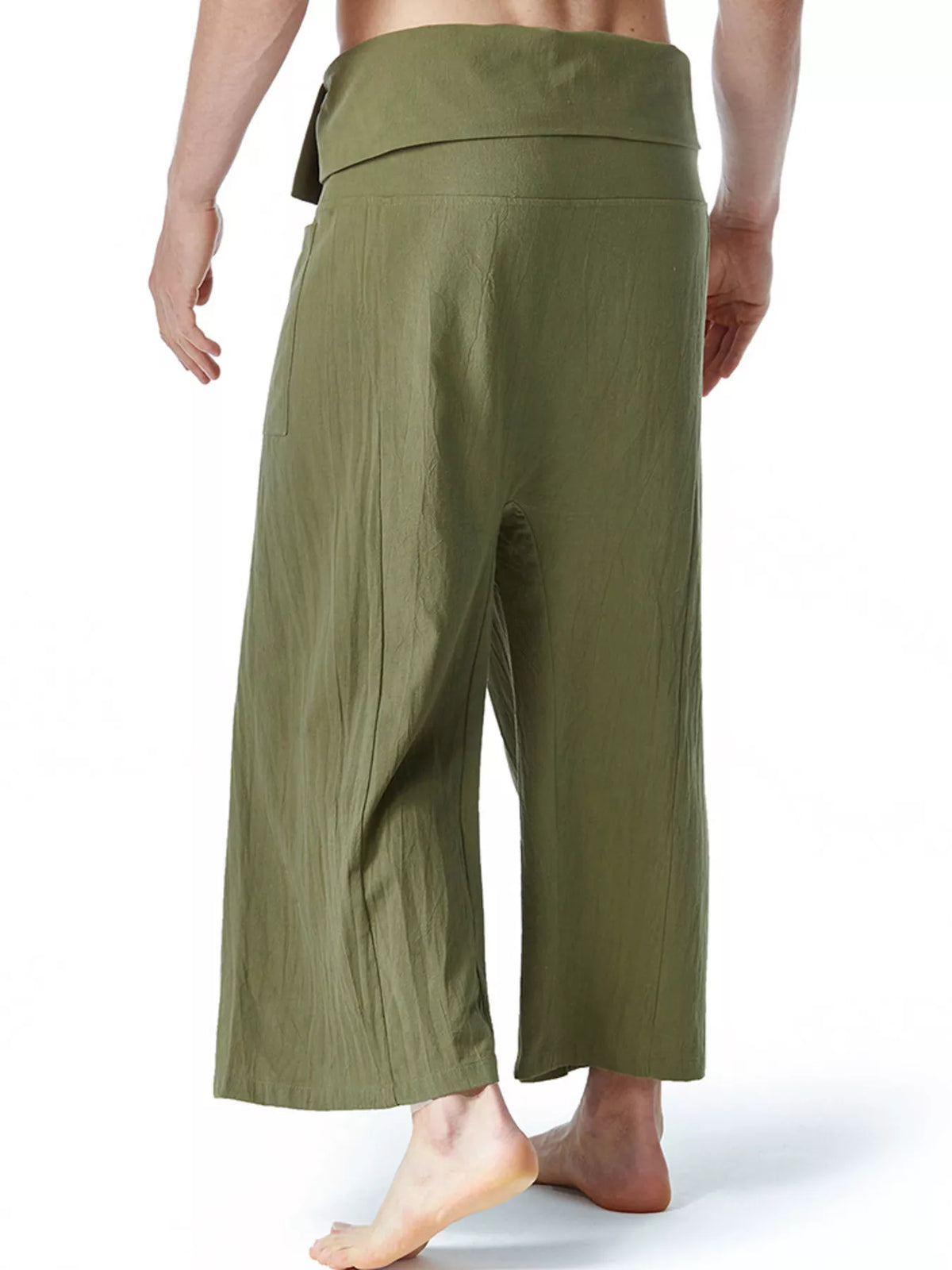 Army green loose-fit drawstring pants, back view with wide straight legs