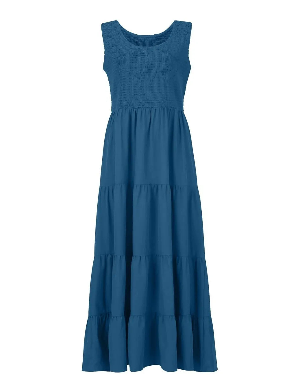 Dusty blue tiered smocked wide-strap dress, sleeveless tiered ruffles