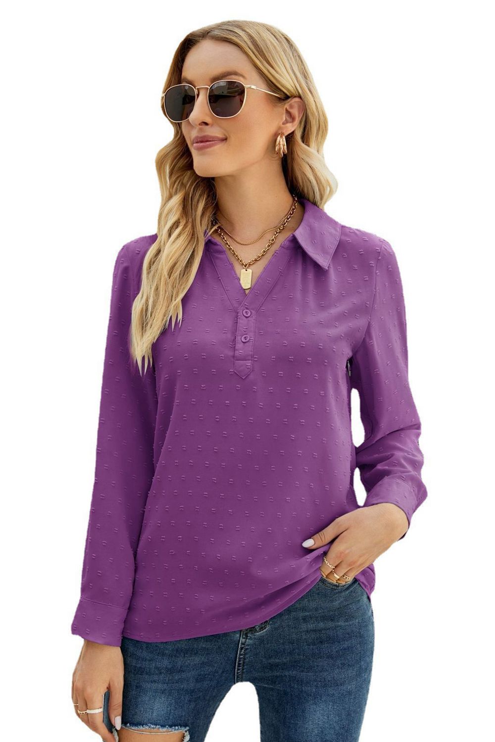 Purple swiss dot blouse with Johnny collar, button front, 3/4 sleeves