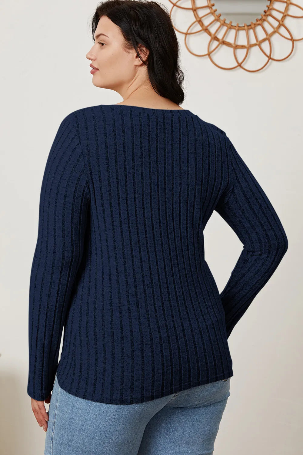 Cedar & Moore Basic Bae full-size navy ribbed V-neck long-sleeve T-shirt, Trendsi, back view