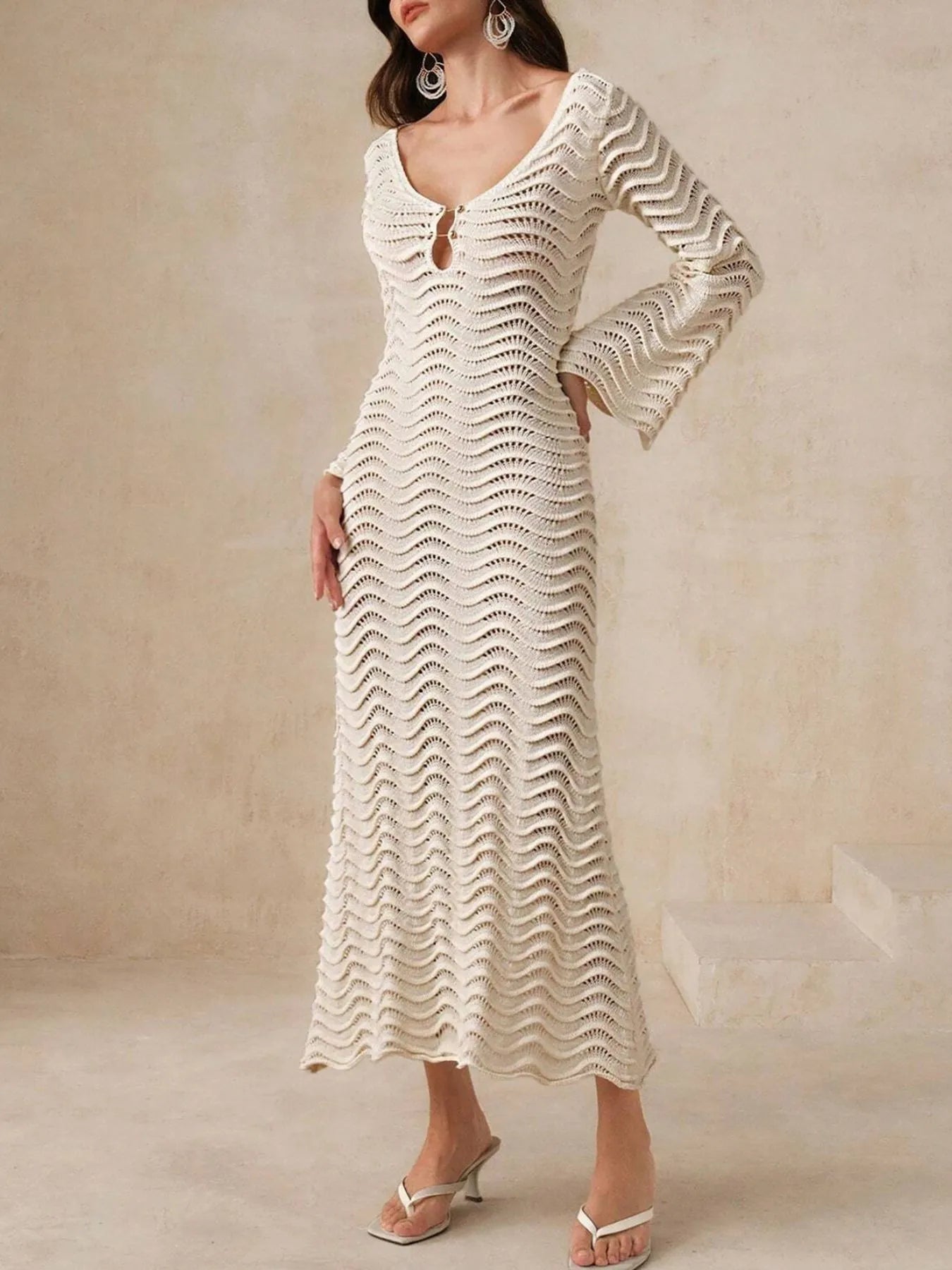 Apricot wave crochet maxi knit dress with scoop neckline and buttoned keyhole front