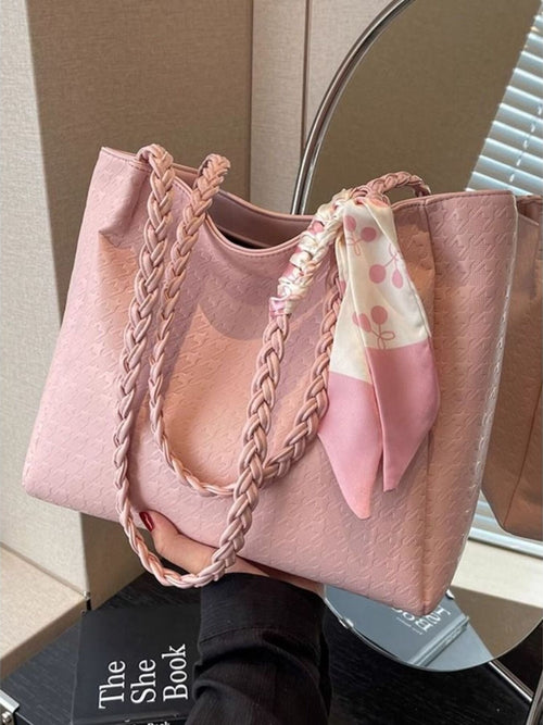 Blush pink braided handle tote bag with matching bow scarf detail