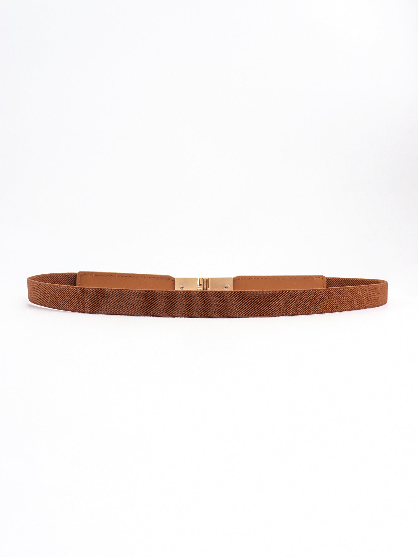 Caramel brown elastic skinny belt with gold-tone metal buckle at center