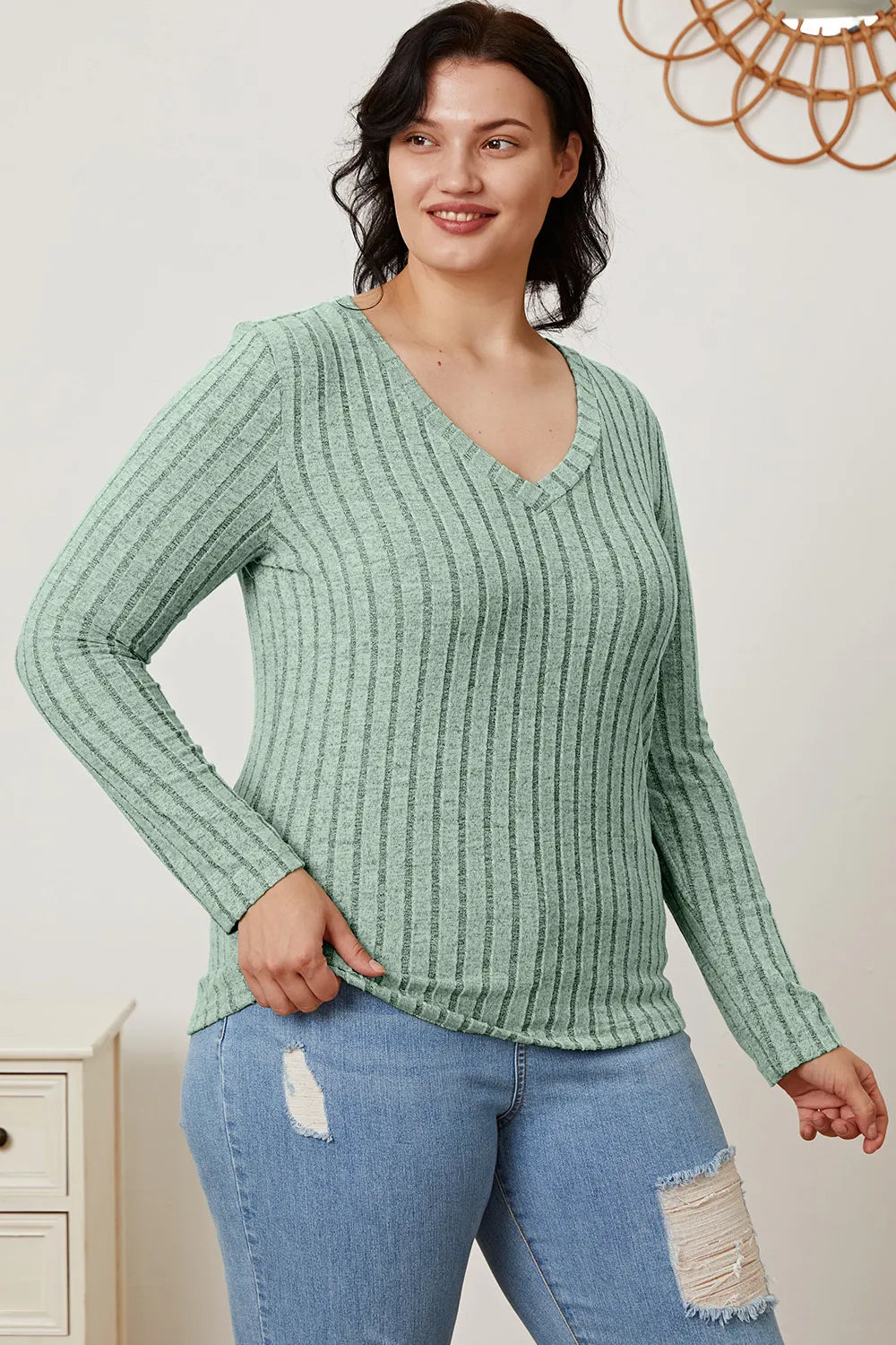 Cedar & Moore Basic Bae full size ribbed V-neck long sleeve T-shirt in sage green, Trendsi