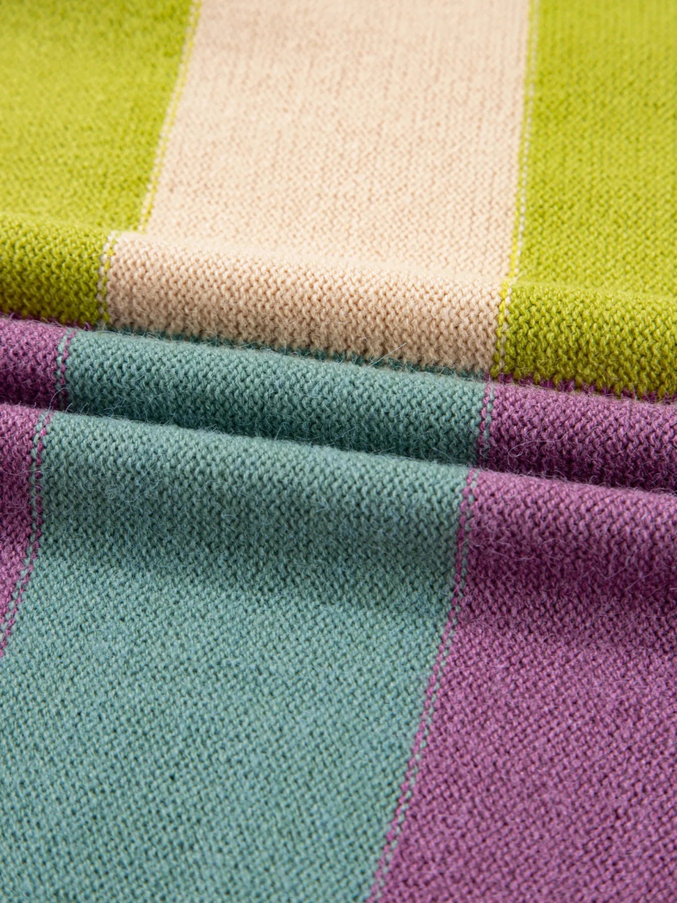 Ribbed-edge striped sweater in teal, purple, and light stripes