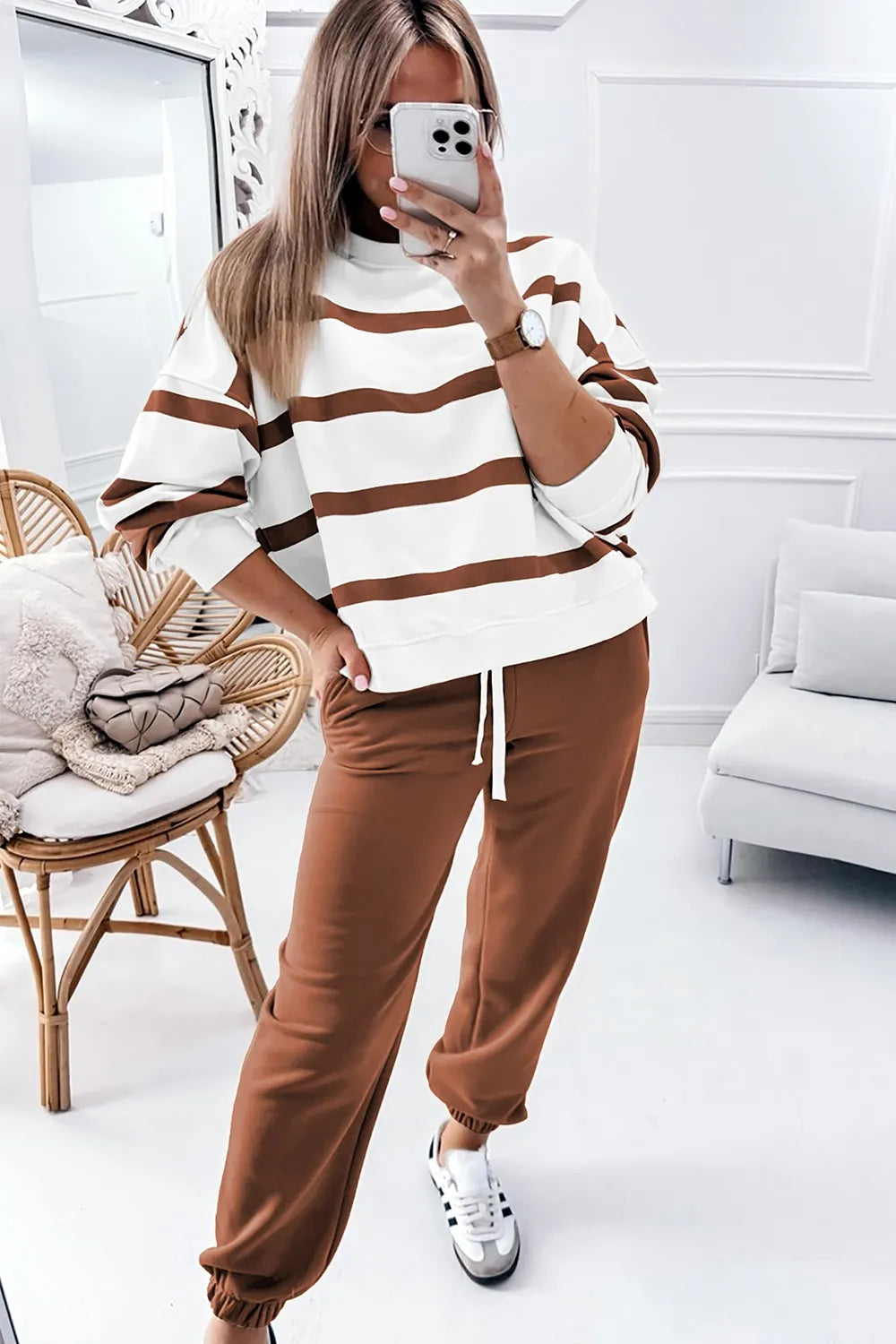 Brown-and-white striped long-sleeve top with brown jogger pants set