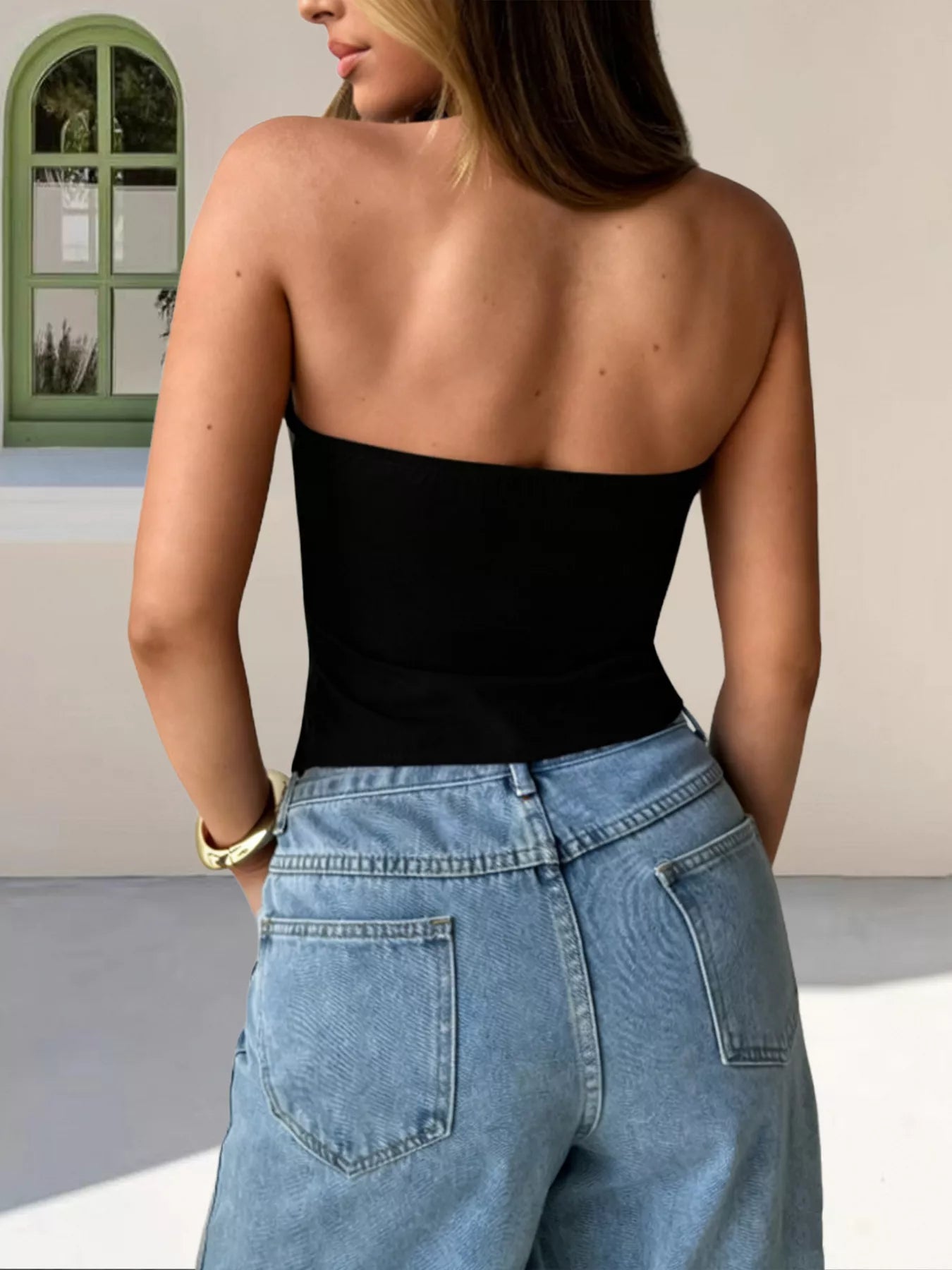 Cedar & Moore Halter Neck Zip-Up Tank, black back-zip top